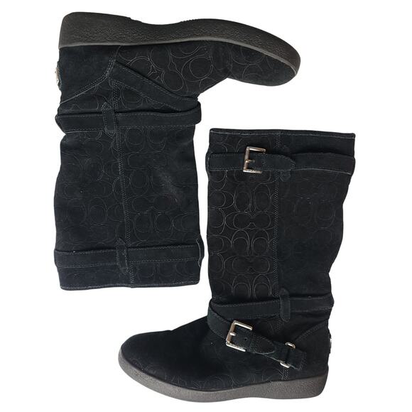 Coach Thelma Signature Monogram Embossed Black Suede Shearling Lined Boots, 8B - Picture 1 of 7